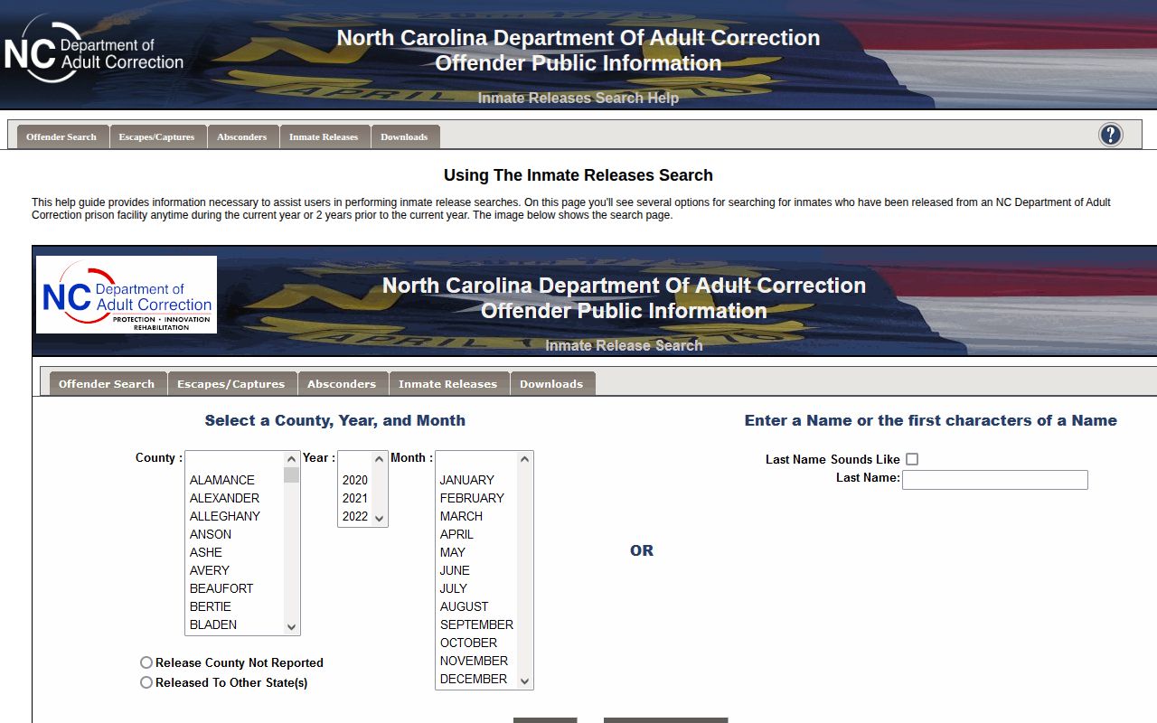 North Carolina DAC release search help and date window