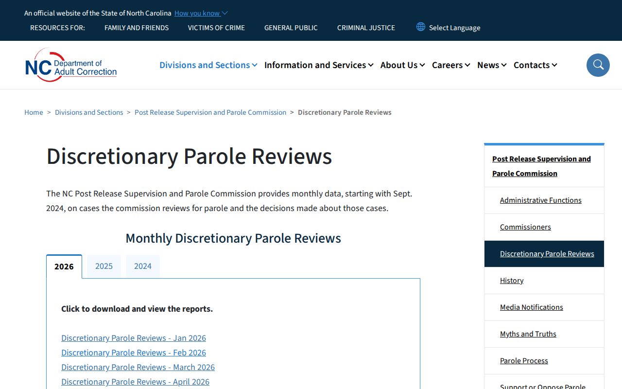 Hertford County parole review records on the monthly DAC results hub